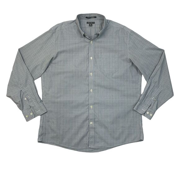 Eddie Bauer Shirt Mens L Large Relaxed Fit Grey Blue Cotton Plaid Wrinkle Free - Picture 1 of 13